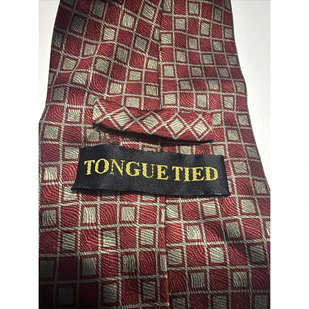 Tongue Tied Mens Silk Necktie Red Silver Geometric Square Pattern Hand Made